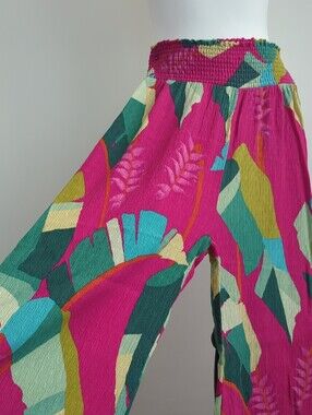 RACHEL Rachel Roy Tropical Hot Pink Smocked Wide-Leg Pants With Palm Pattern